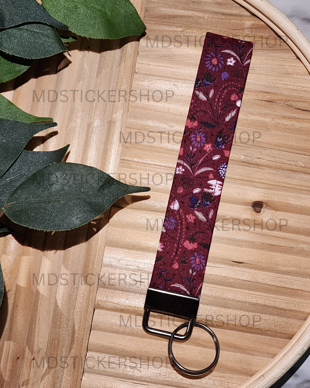 Maroon Garden Print Fabric Keychain, Key Fob
