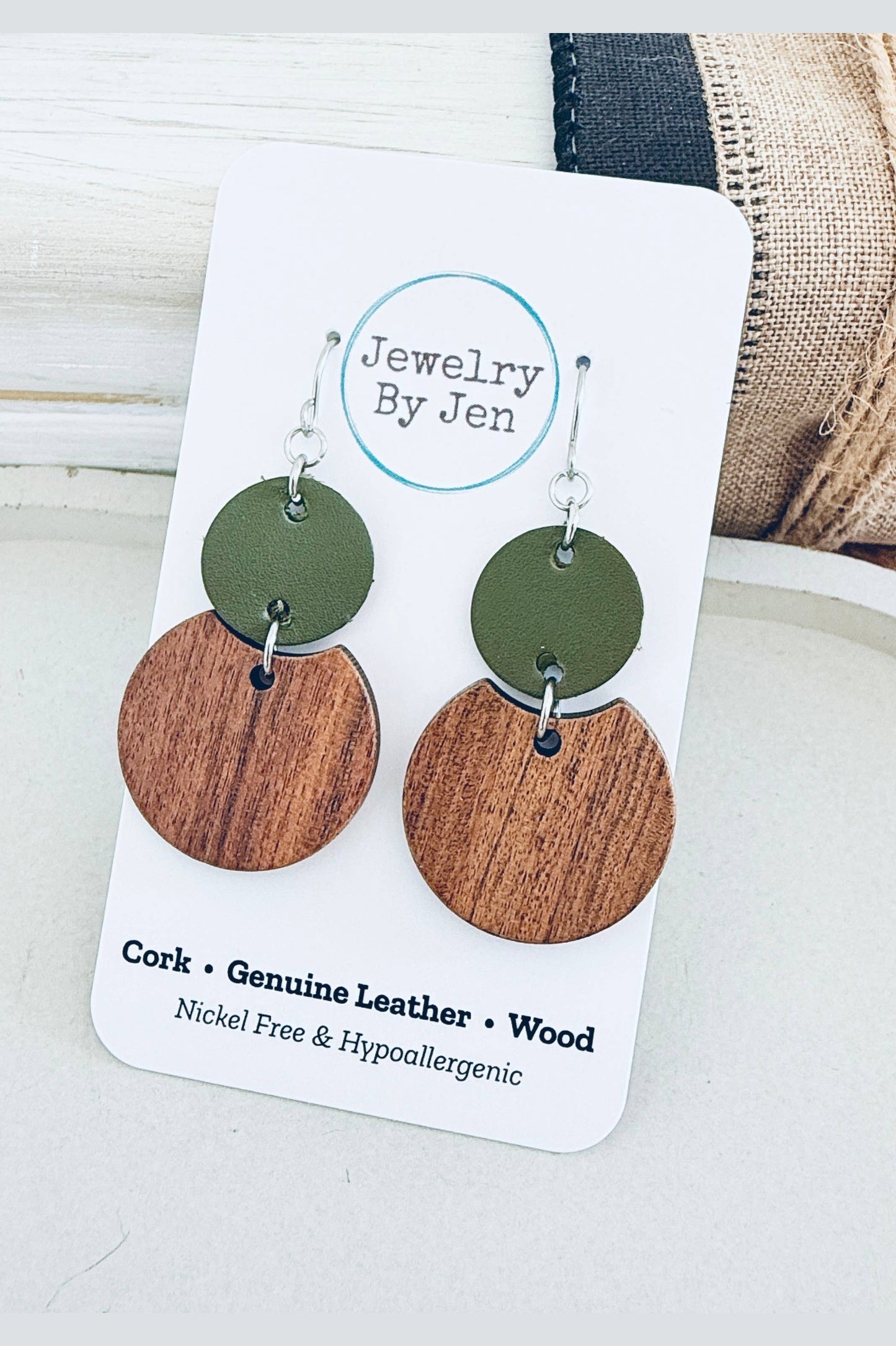 Round Wood & Army Green Earrings