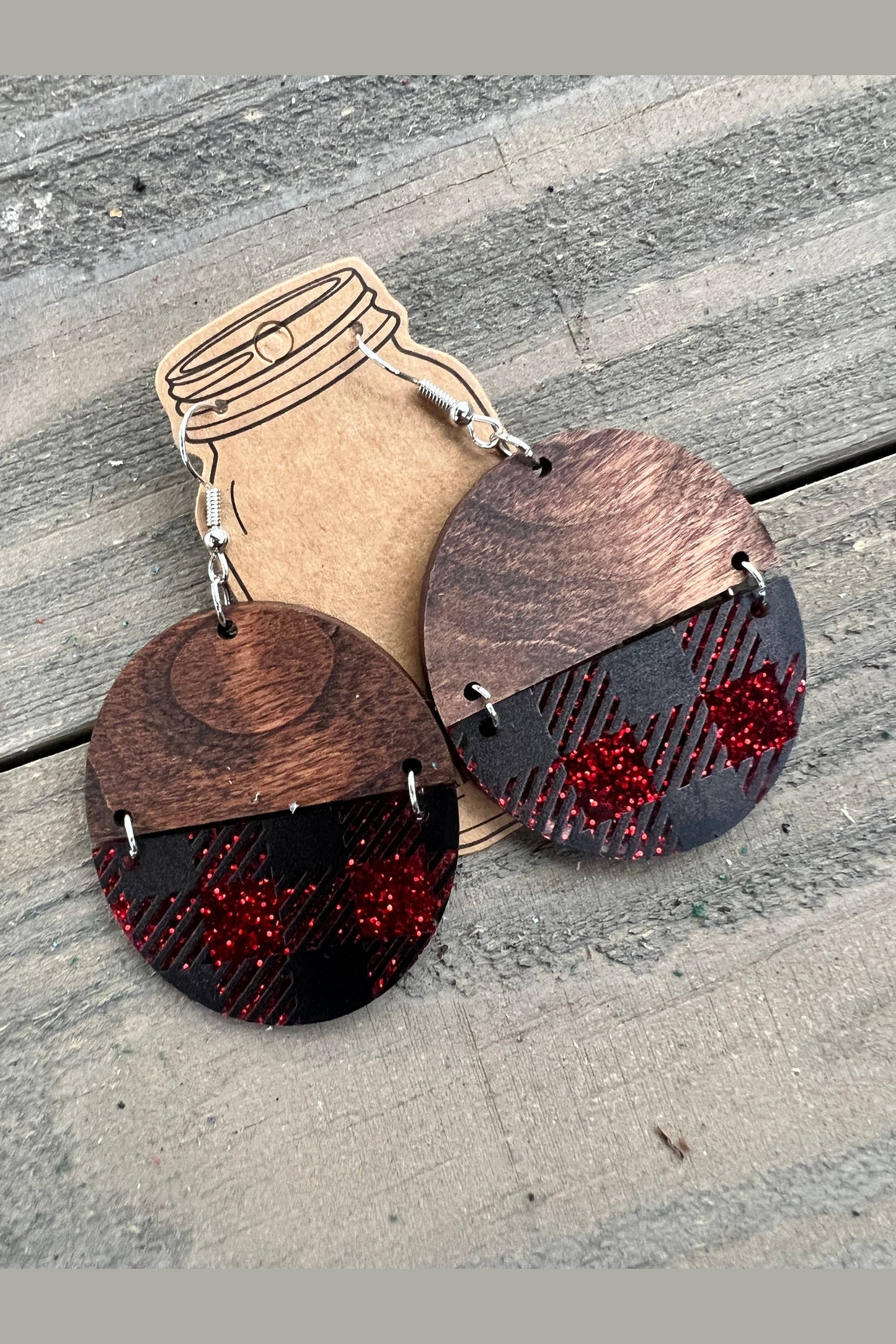Buffalo Plaid Red Glitter Half Acrylic Half Wood Earrings