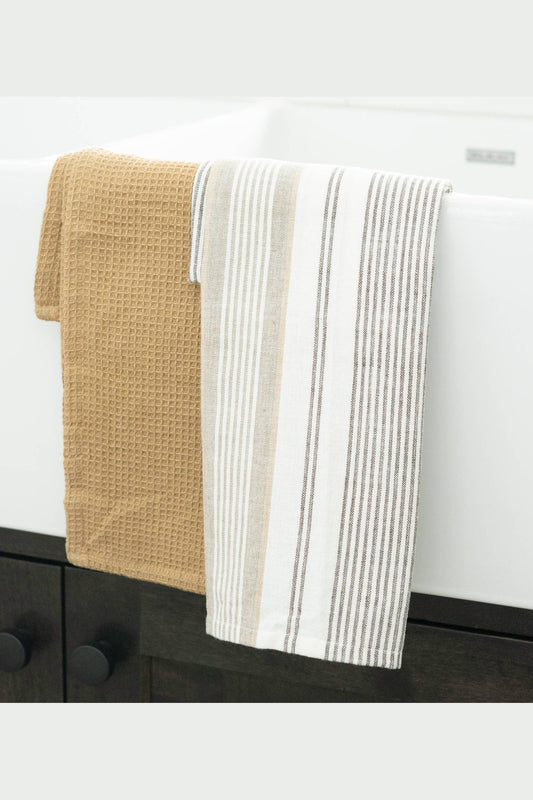 3 Piece Tan Stripe Kitchen Tea Towel Set