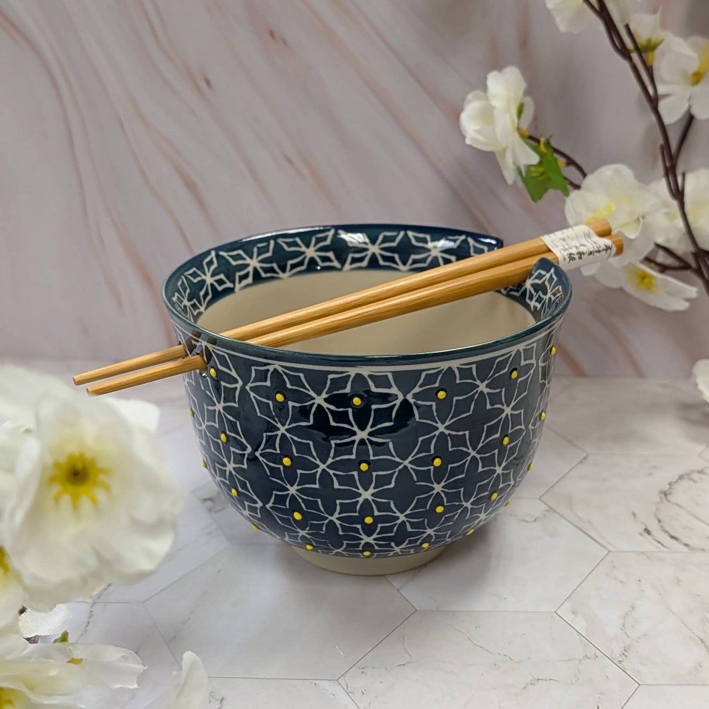 Navy Star Pattern Mira 5" Ramen Bowl w/ Chopsticks