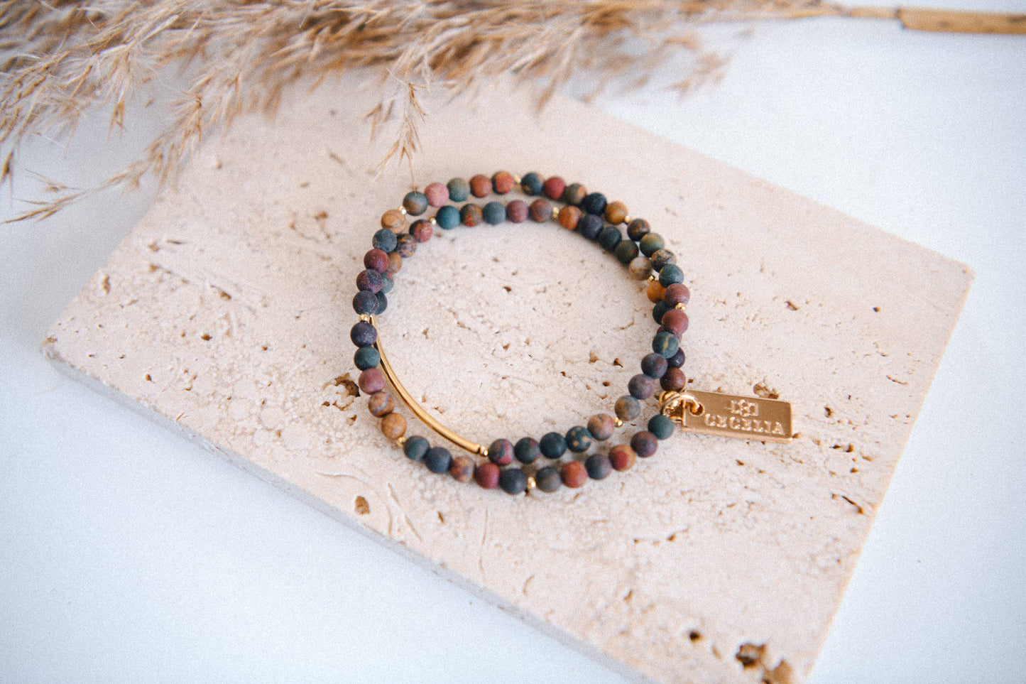 African Turquoise Genuine Gemstone and Gold Double Wrap Bracelet