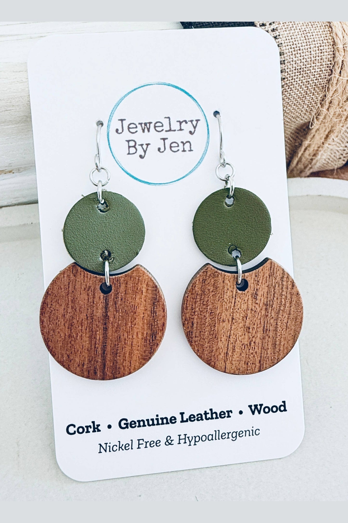 Round Wood & Army Green Earrings