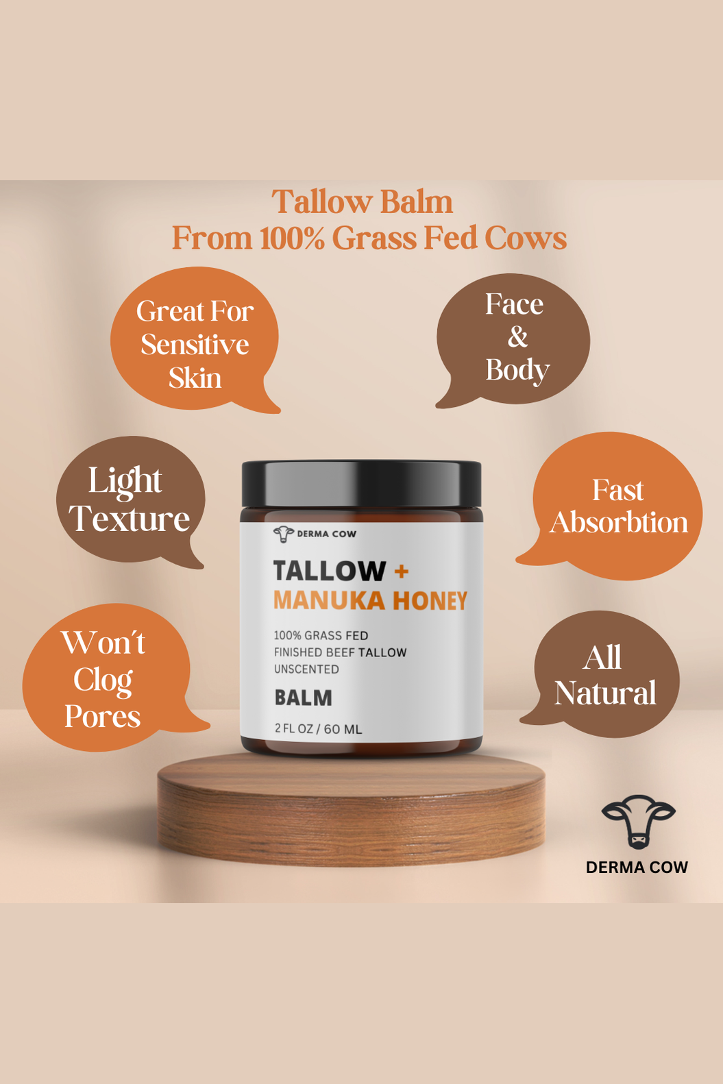 Tallow Balm + Manuka Honey, 100% Grass Fed Beef, 2oz Balm