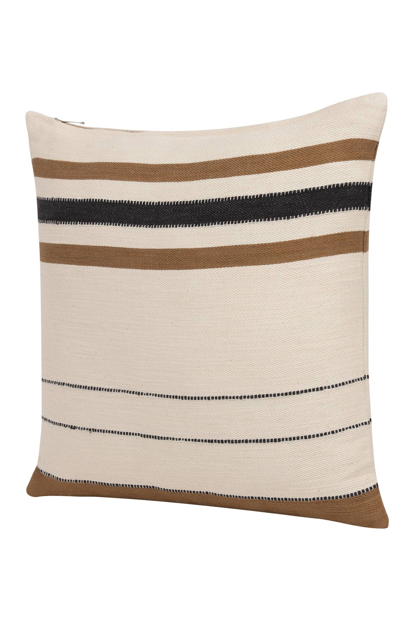 Transitional Hand-Woven Modern Striped Cotton Throw Pillow: Ivory/Brown / Pillow- Poly Filled