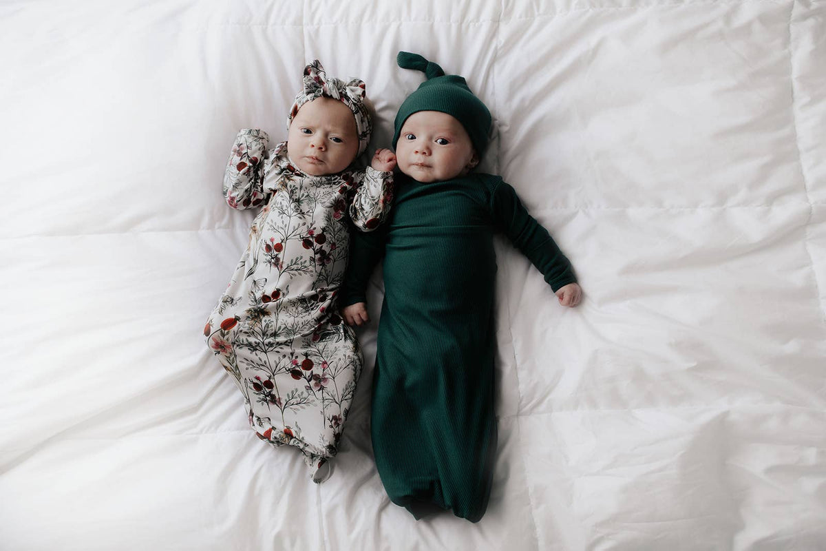 Forest Green Ribbed Knotted Newborn Baby Gown Sleepwear: Gown