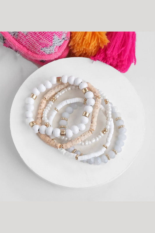 Summer Fresh Neutrals stack clay glass wood beads bracelets set: Whites