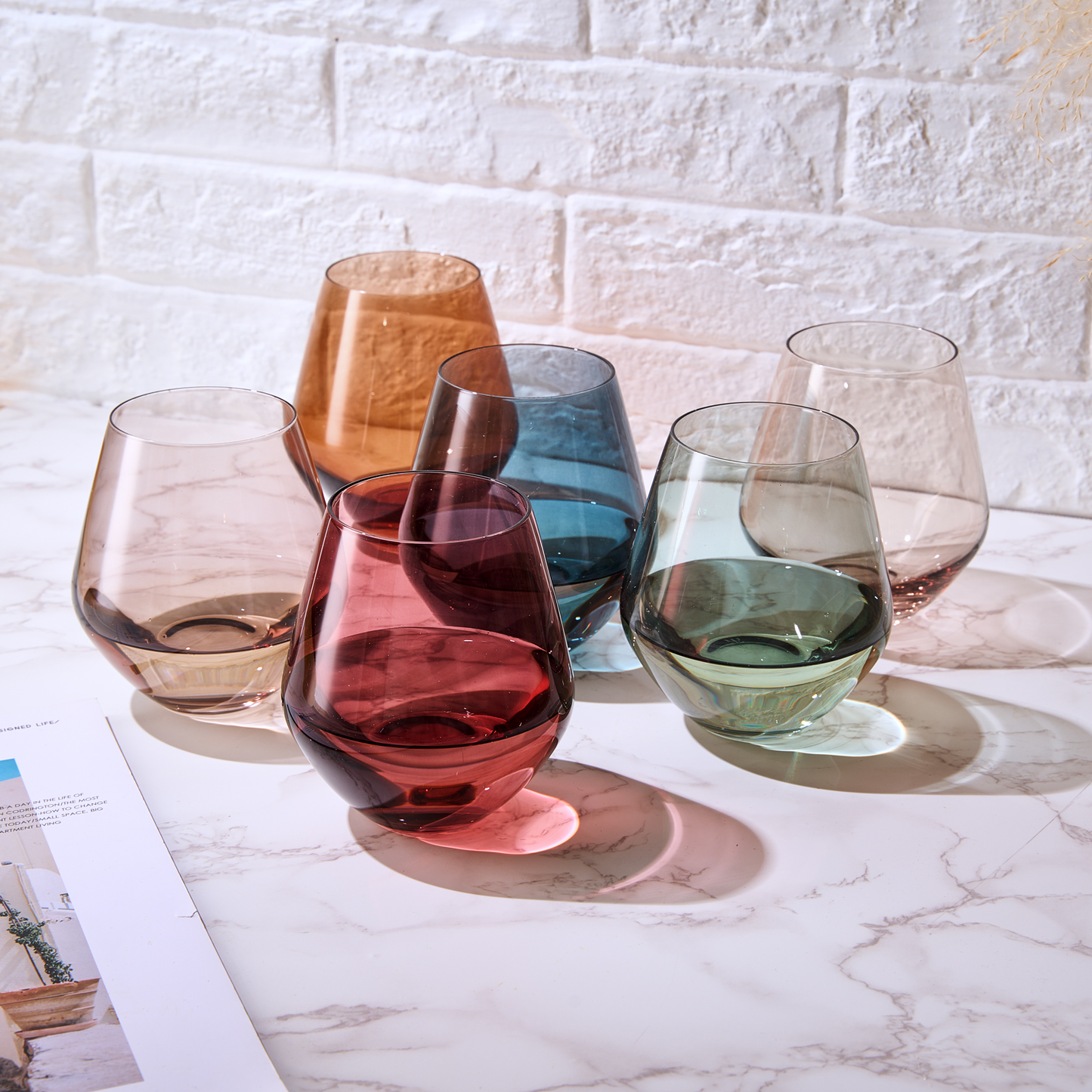 Pastel Colored Stemless Crystal Wine Glasses | 6 set | 16 oz
