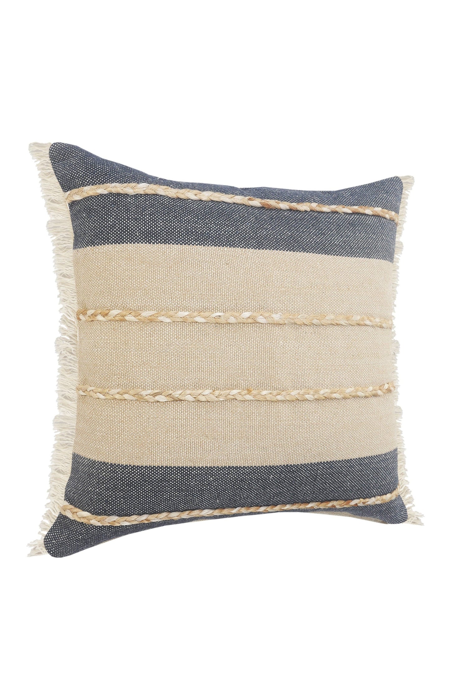 Atlantis Denim Blue and Taupe Throw Pillow with Jute: 20" x 20" / Poly Filled