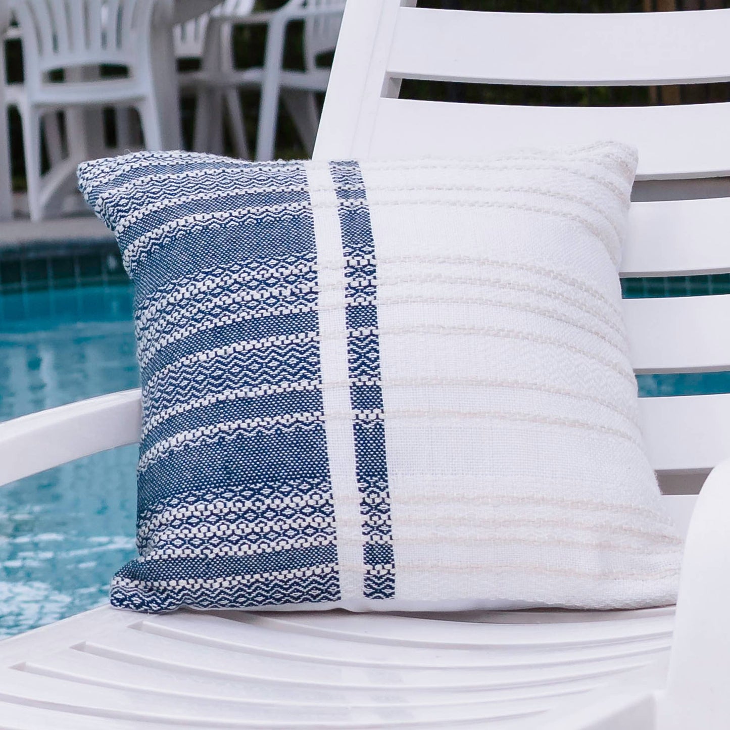 Genevieve 18X18" Handwoven Striped In/Outdoor Throw Pillow: Blue