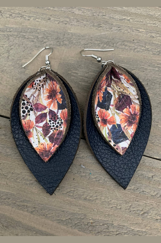Navy Fall Floral Double Layered Petal Leather Earrings