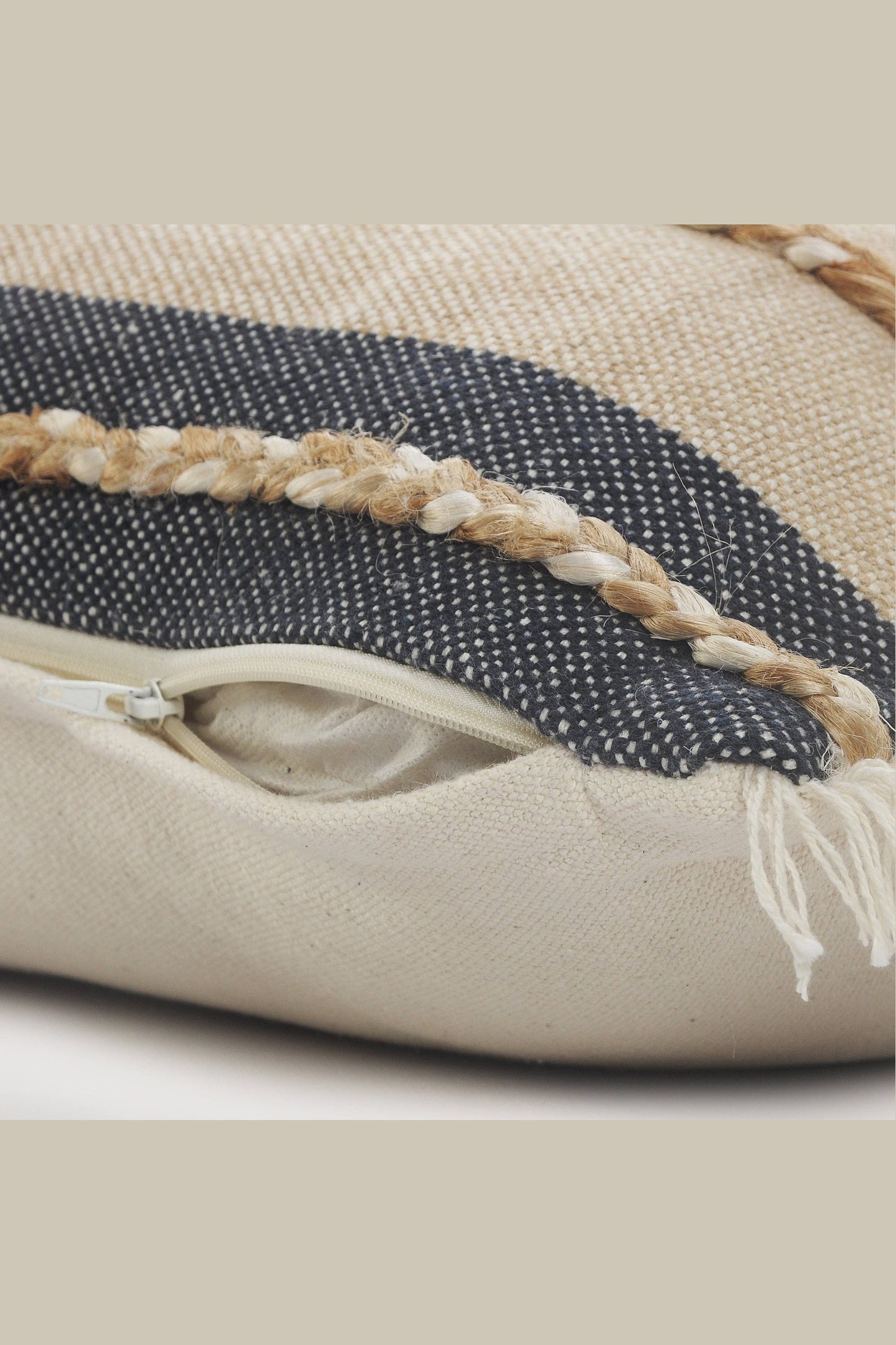 Atlantis Denim Blue and Taupe Throw Pillow with Jute: 20" x 20" / Poly Filled