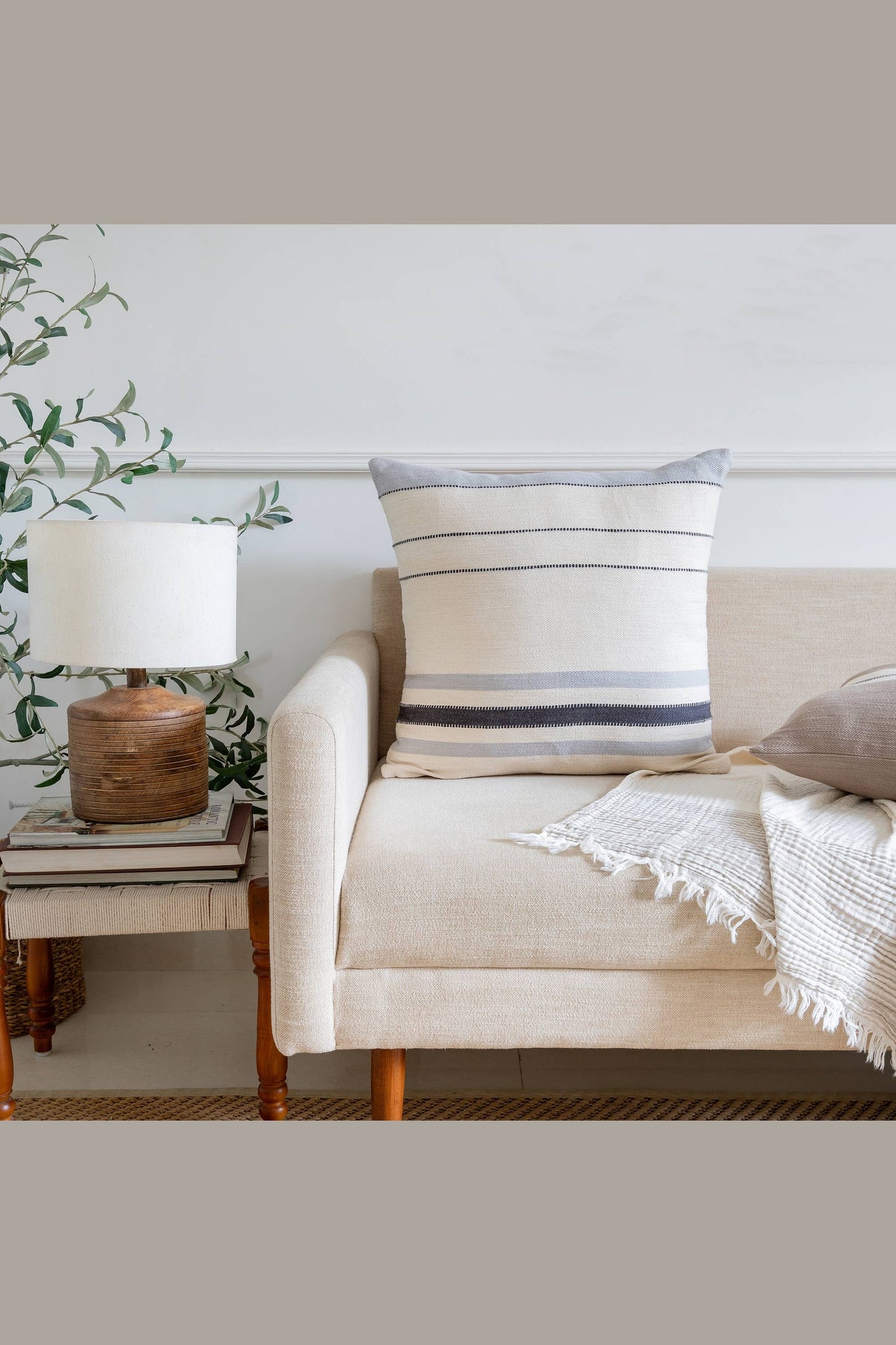 Transitional Hand-Woven Modern Striped Cotton Throw Pillow: Ivory/Brown / Pillow- Poly Filled