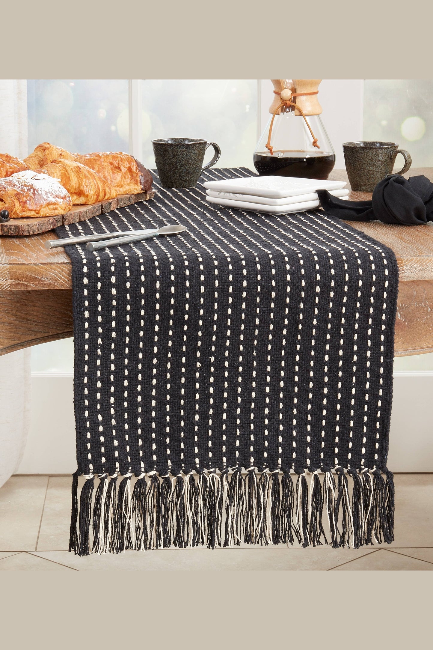 Stitched Fringe Runner: Black
