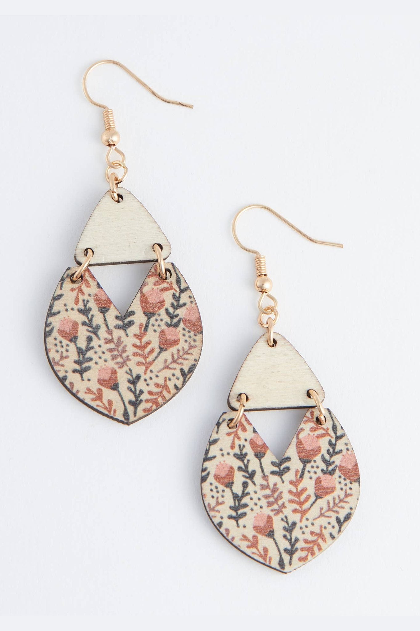 Jolie Wooden Floral Print Triangle Gold Drop Earrings