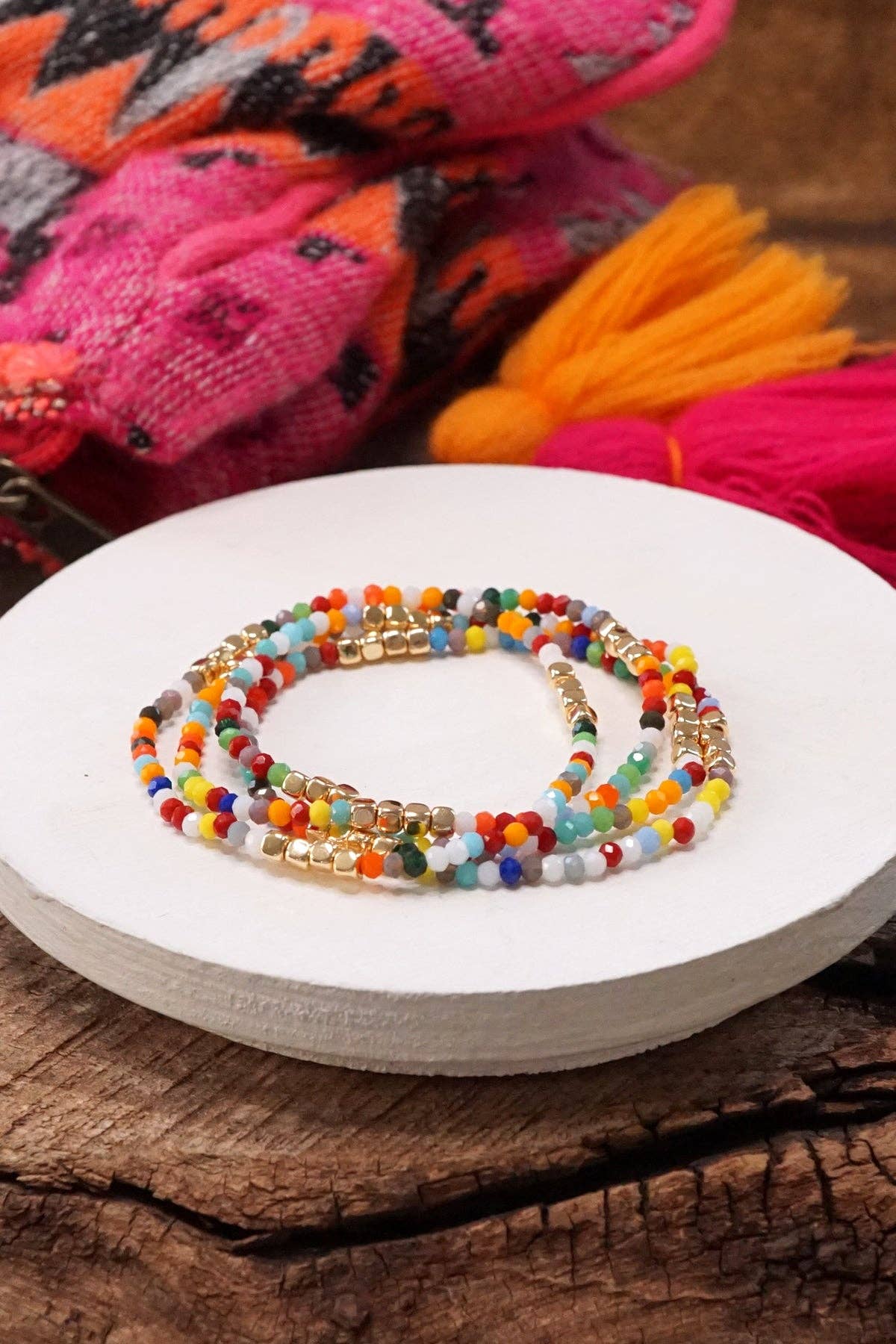 Gold tone 4 layering bracelets stack multi color glass beads: Neutrals mix