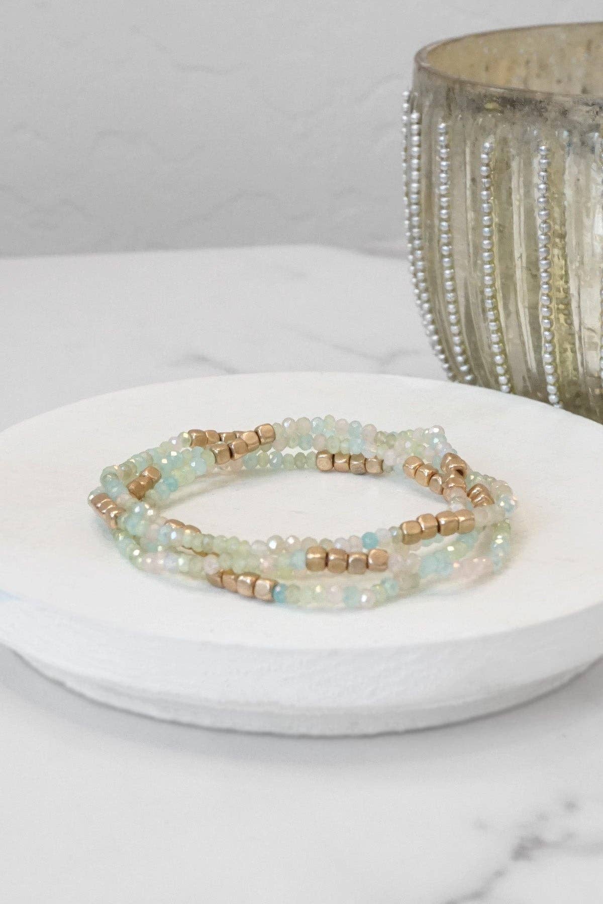 Gold tone 4 layering bracelets stack multi color glass beads: Neutrals mix