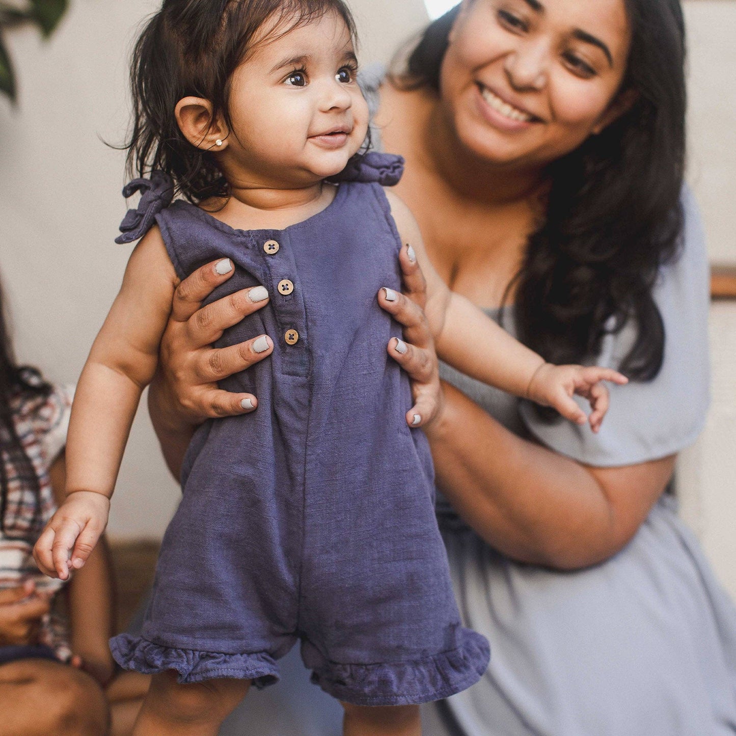 Check Gauze Blue Girl Romper - Blue Smoke: 6-9M