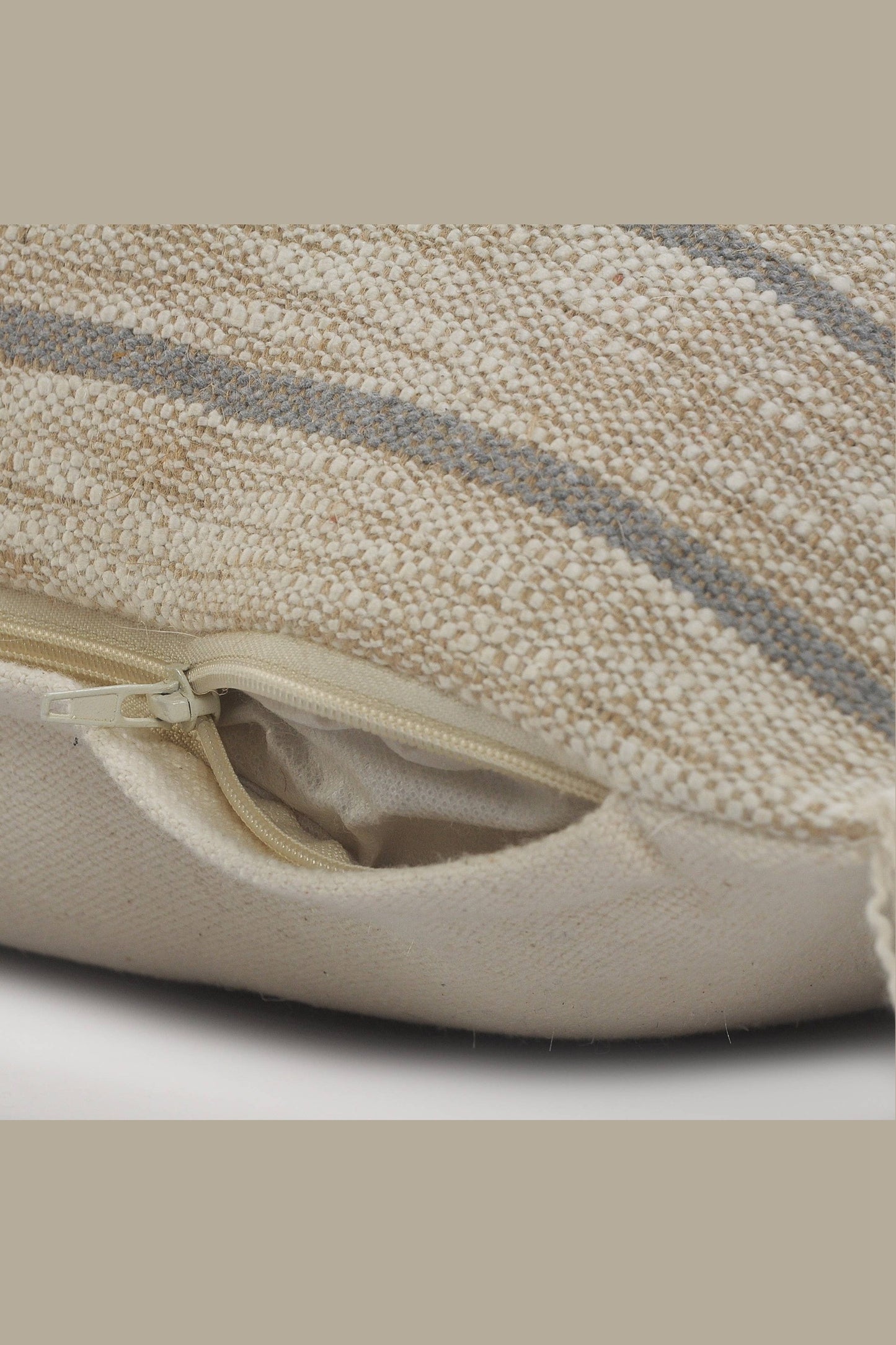 Coastal Cottage Minimalist Striped Throw Pillow with Fringe: Taupe/Blue / Poly Filled