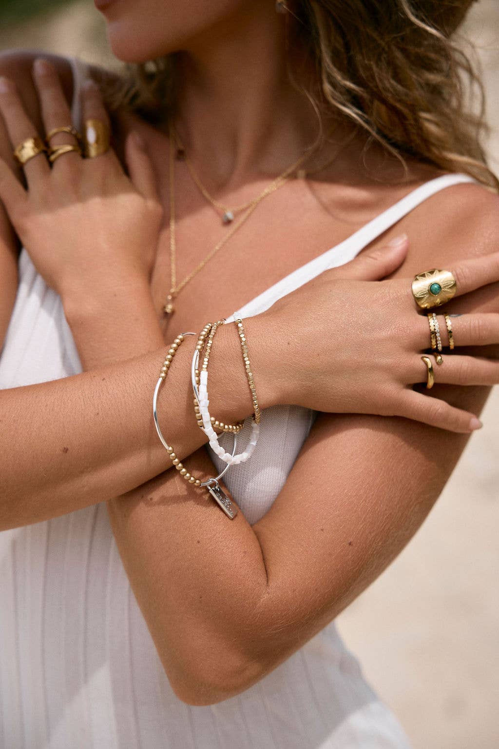 Gold & White Beaded Triple Wrap Bracelet