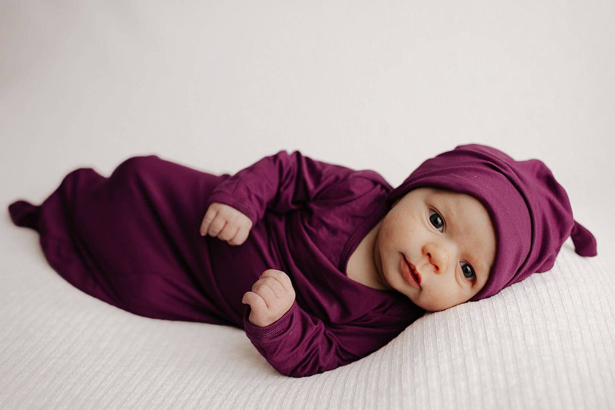 Plum Purple Knotted Newborn Baby Gown : Plum Gown With Bow