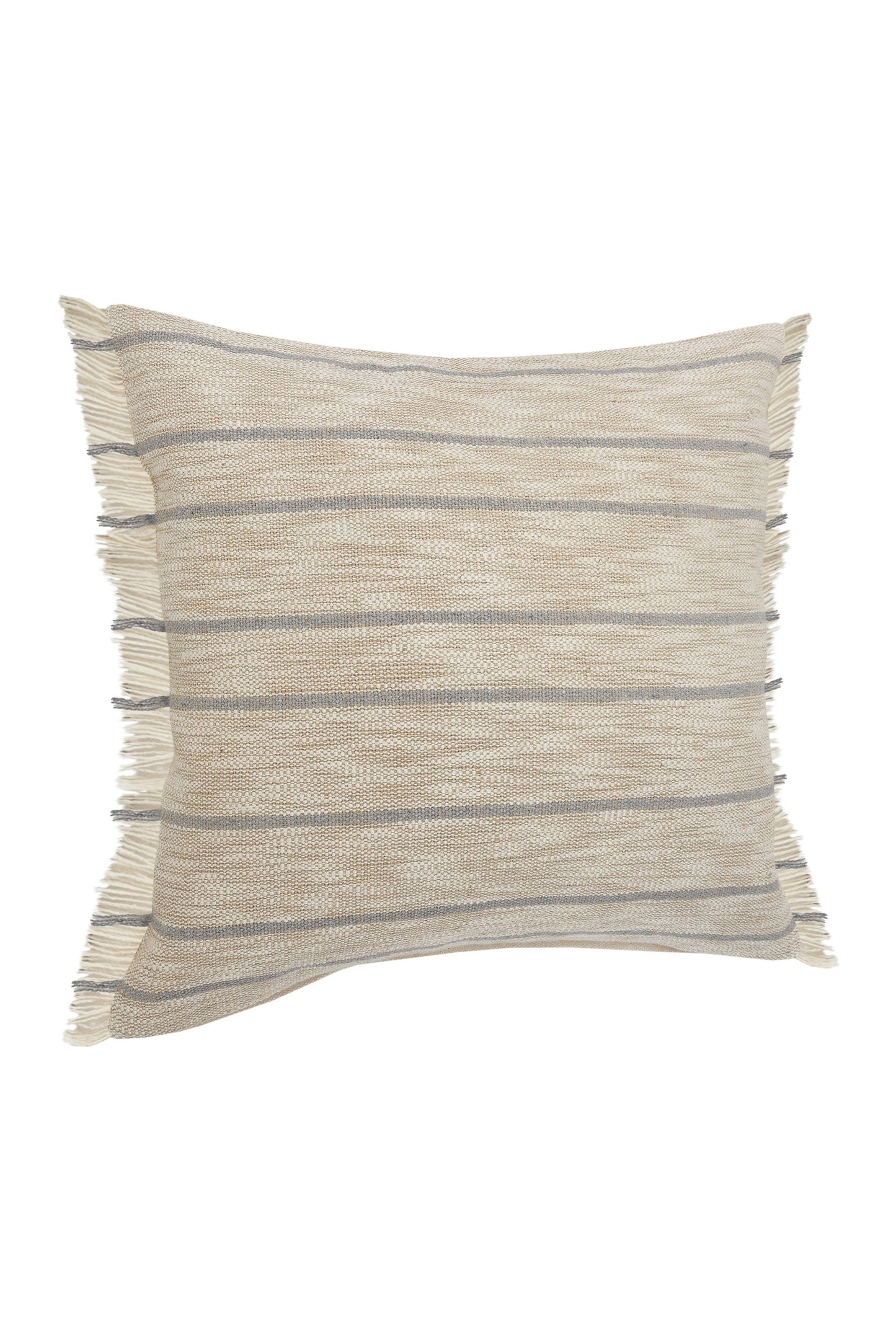 Coastal Cottage Minimalist Striped Throw Pillow with Fringe: Taupe/Blue / Poly Filled