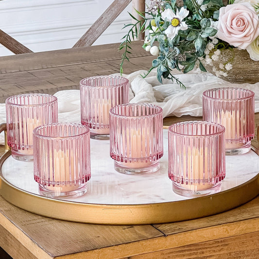 Ribbed Pink Glass Votive Candle Holder