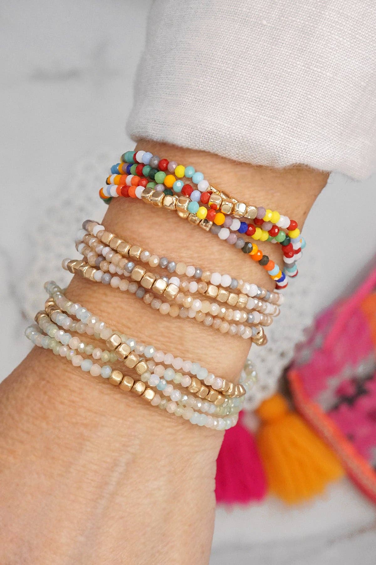 Gold tone 4 layering bracelets stack multi color glass beads: Neutrals mix