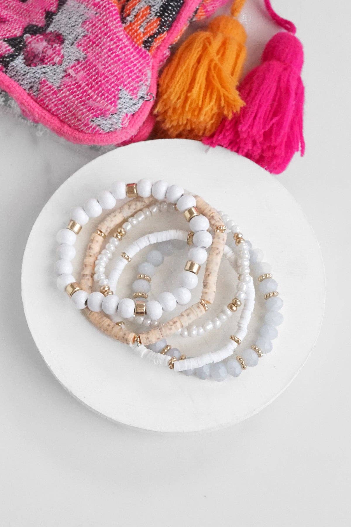 Summer Fresh Neutrals stack clay glass wood beads bracelets set: Whites
