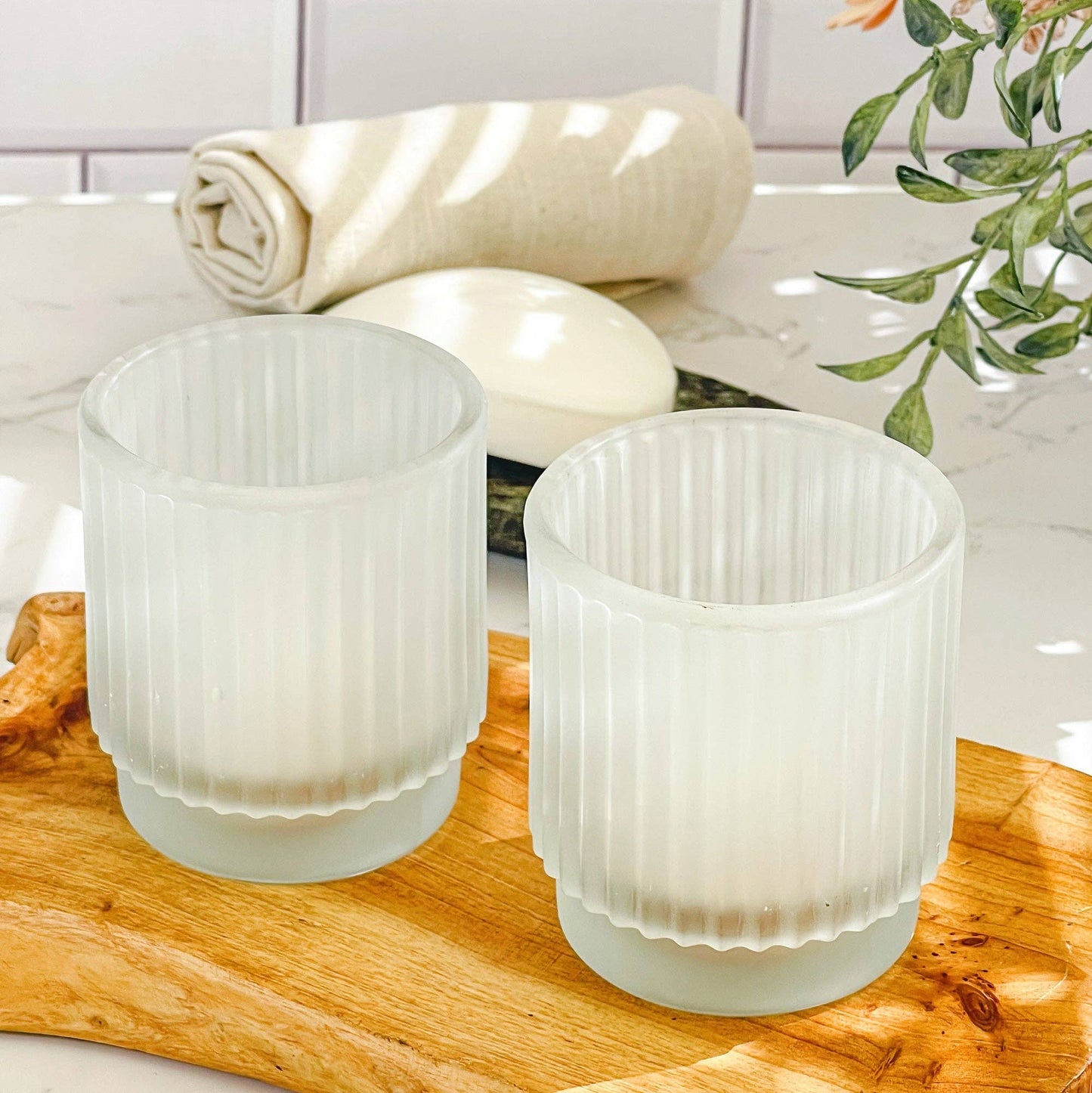 Ribbed Frosted Glass Votive Candle Holder