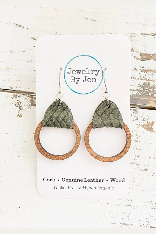 Wood Hoop Earrings: Olive Braided