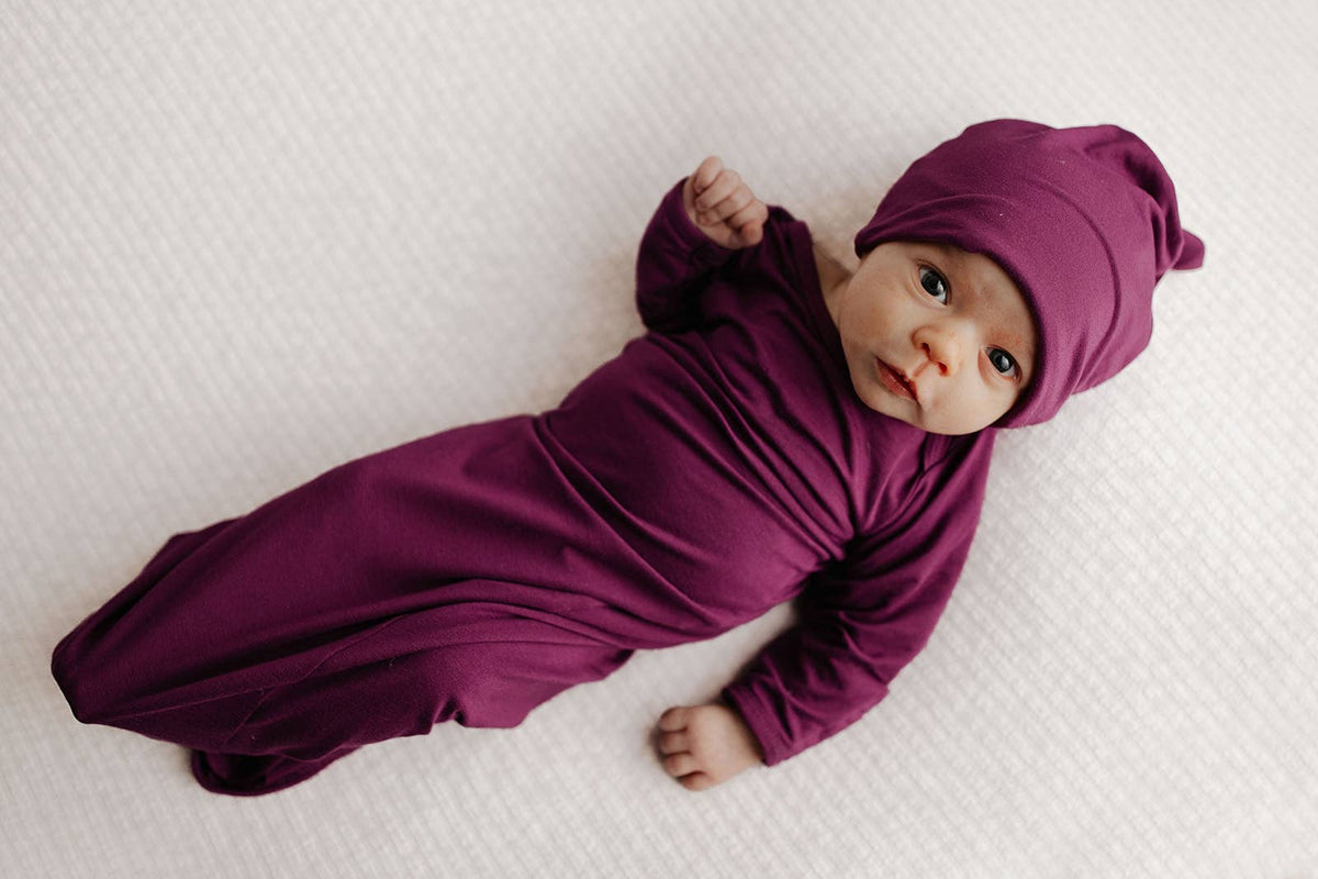 Plum Purple Knotted Newborn Baby Gown : Plum Gown With Bow