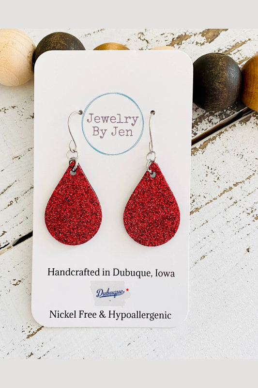 Fine Red Glitter Small Teardrop Earrings