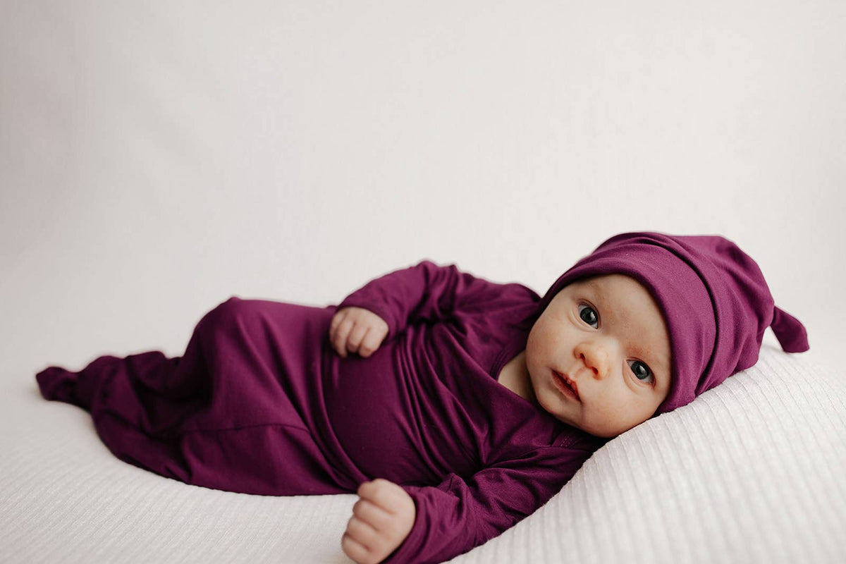 Plum Purple Knotted Newborn Baby Gown : Plum Gown With Bow