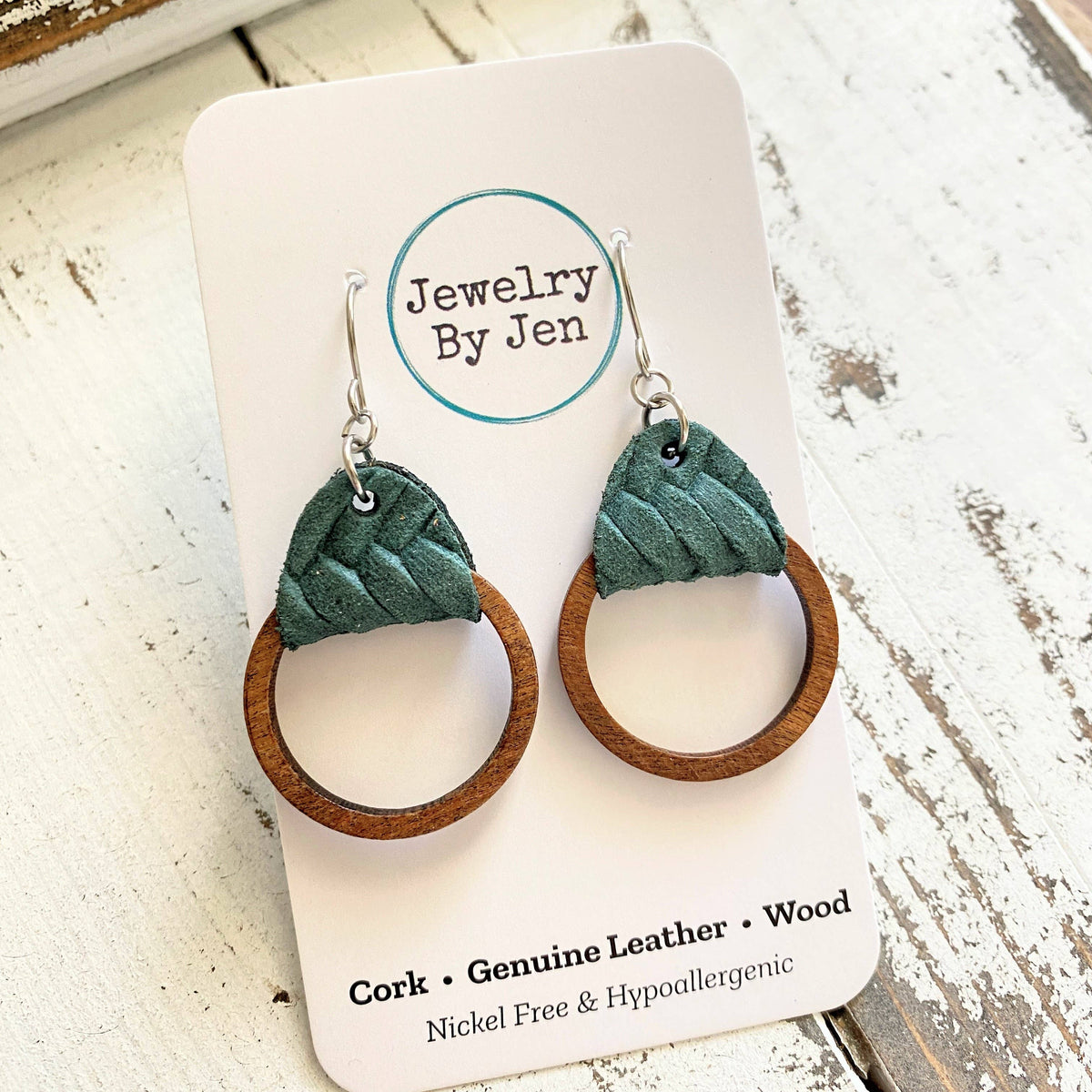 Wood Hoop Earrings:  Pine Green Braided