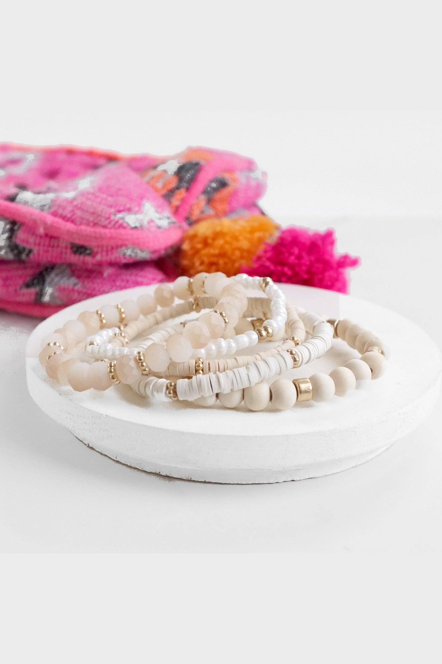 Summer Fresh Neutrals stack clay glass wood beads bracelets set: Whites