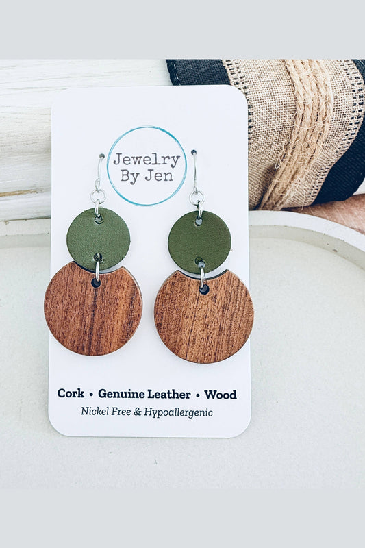 Round Wood & Army Green Earrings