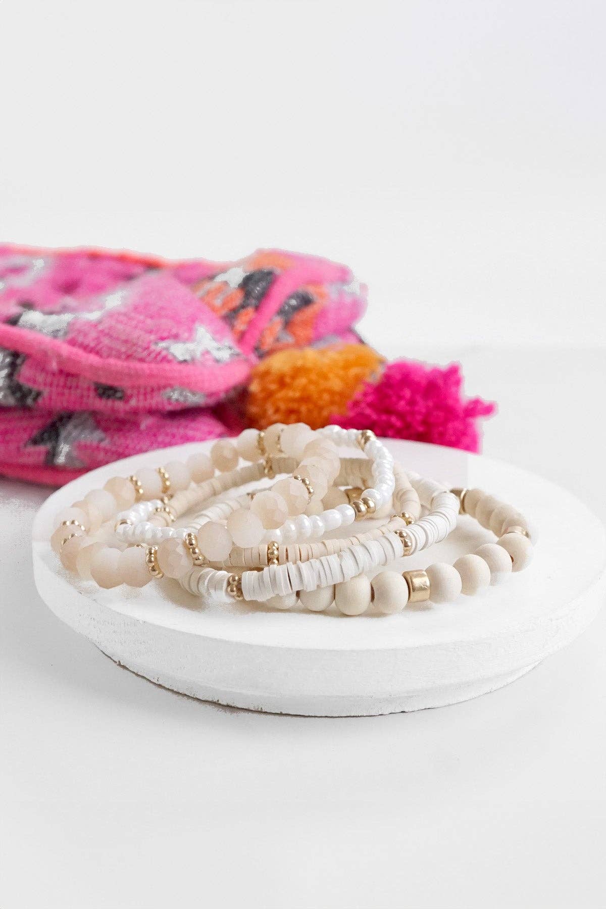 Summer Fresh Neutrals stack clay glass wood beads bracelets set: Whites