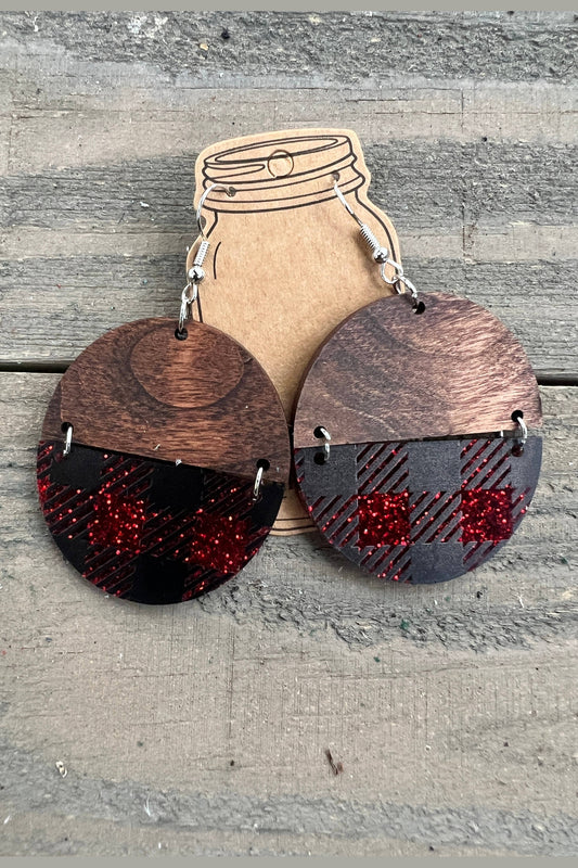 Buffalo Plaid Red Glitter Half Acrylic Half Wood Earrings