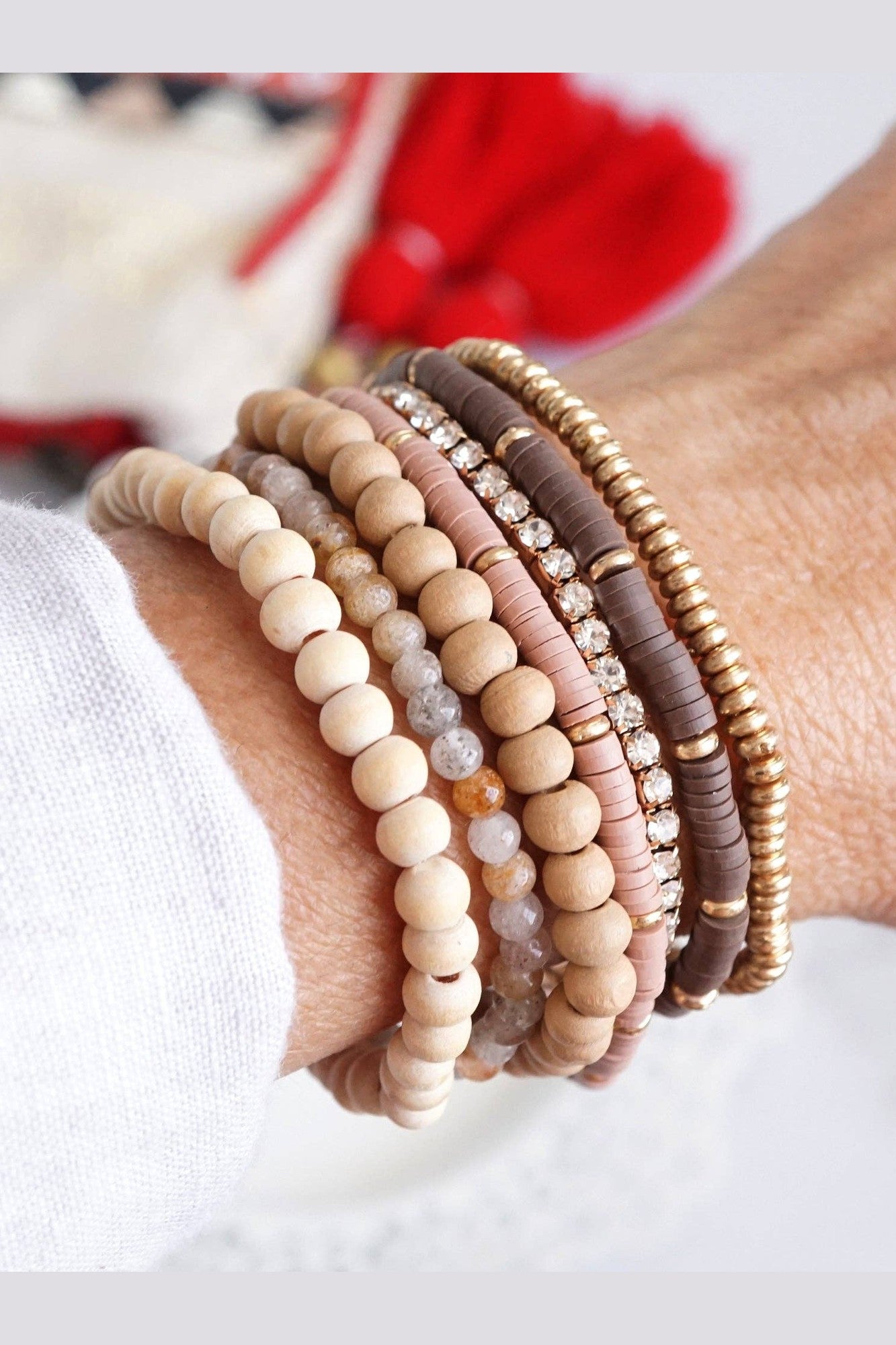 Beaded Bracelets stack of 7 in Neutral tones