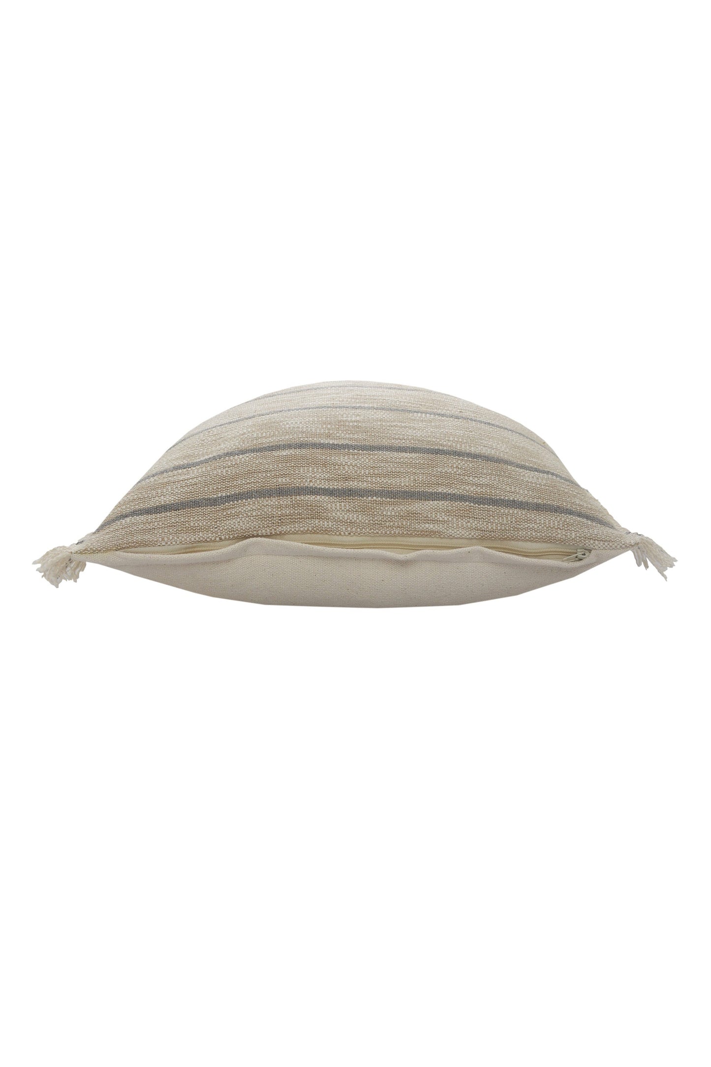 Coastal Cottage Minimalist Striped Throw Pillow with Fringe: Taupe/Blue / Poly Filled