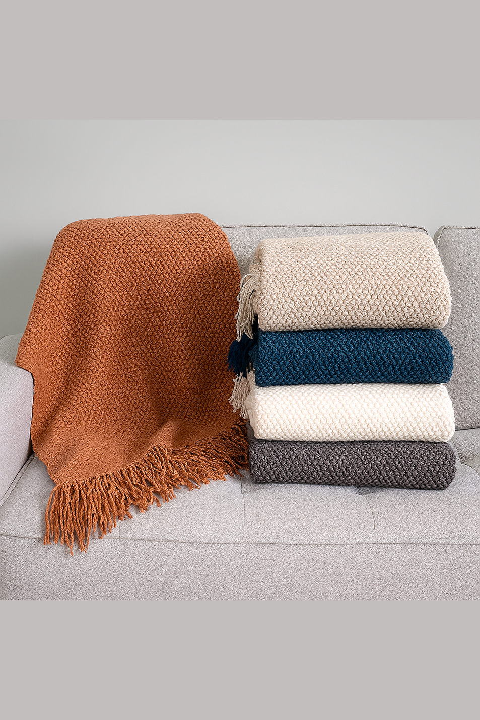 Knit Textured Throw Blanket with Fringe