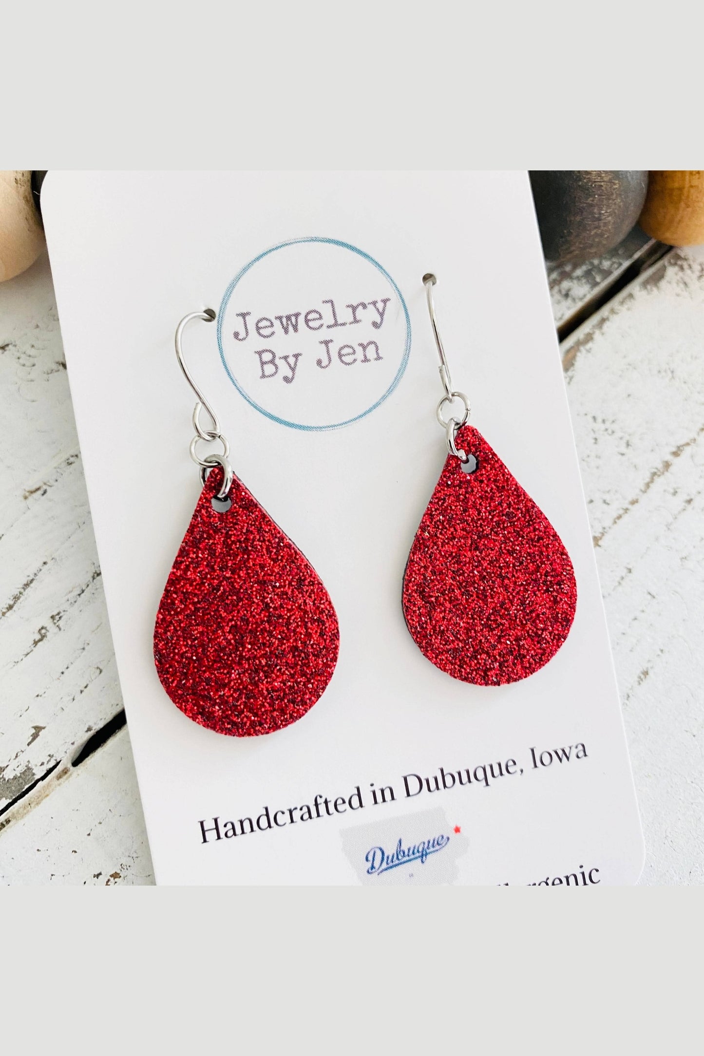 Fine Red Glitter Small Teardrop Earrings