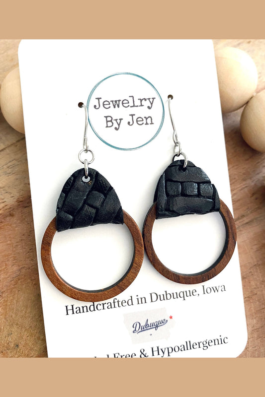 Wood Hoop Earrings: Black Weaved