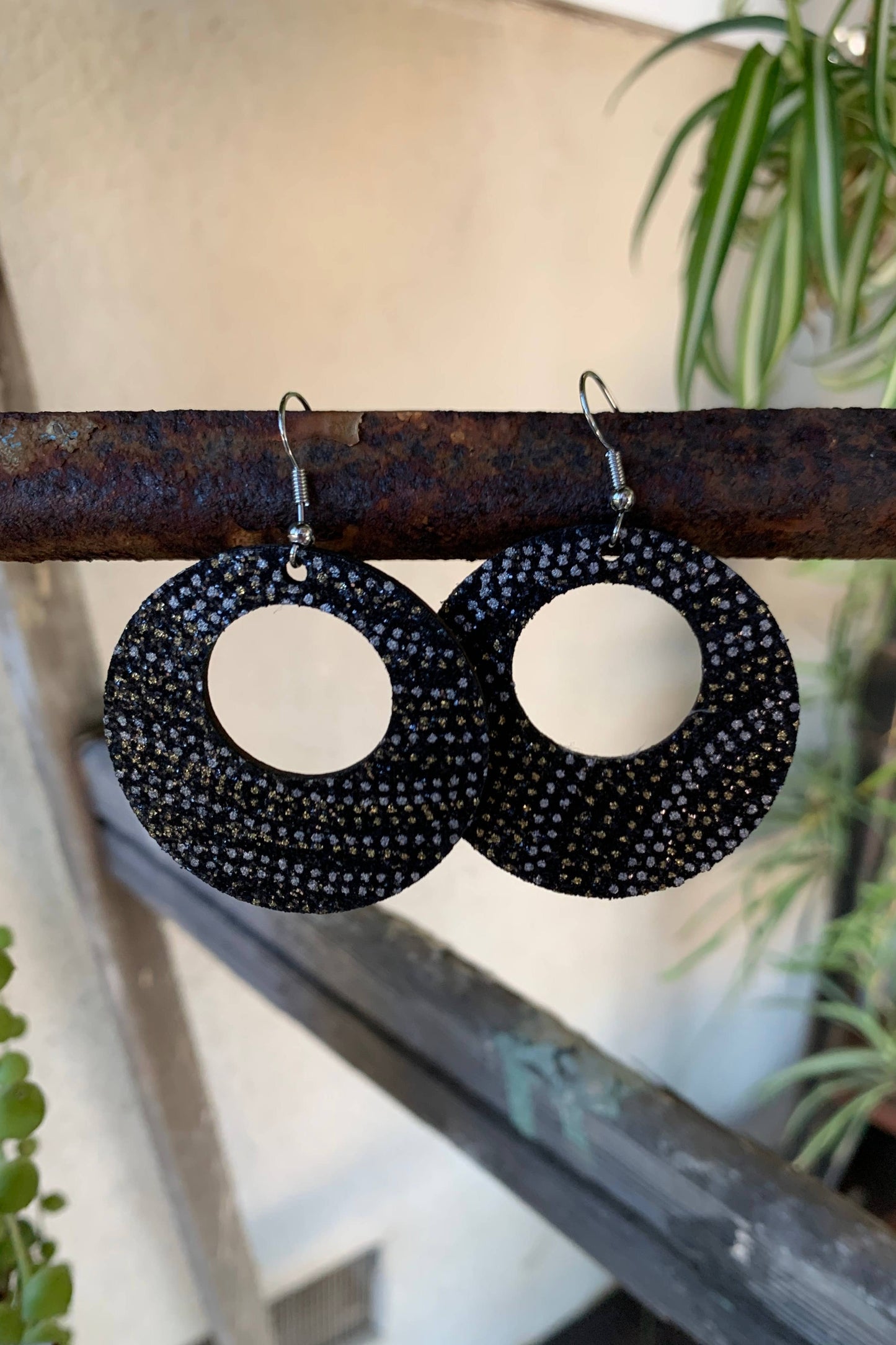 Black Sparkle Cork Leather Earrings