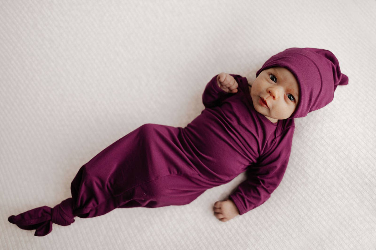 Plum Purple Knotted Newborn Baby Gown : Plum Gown With Bow