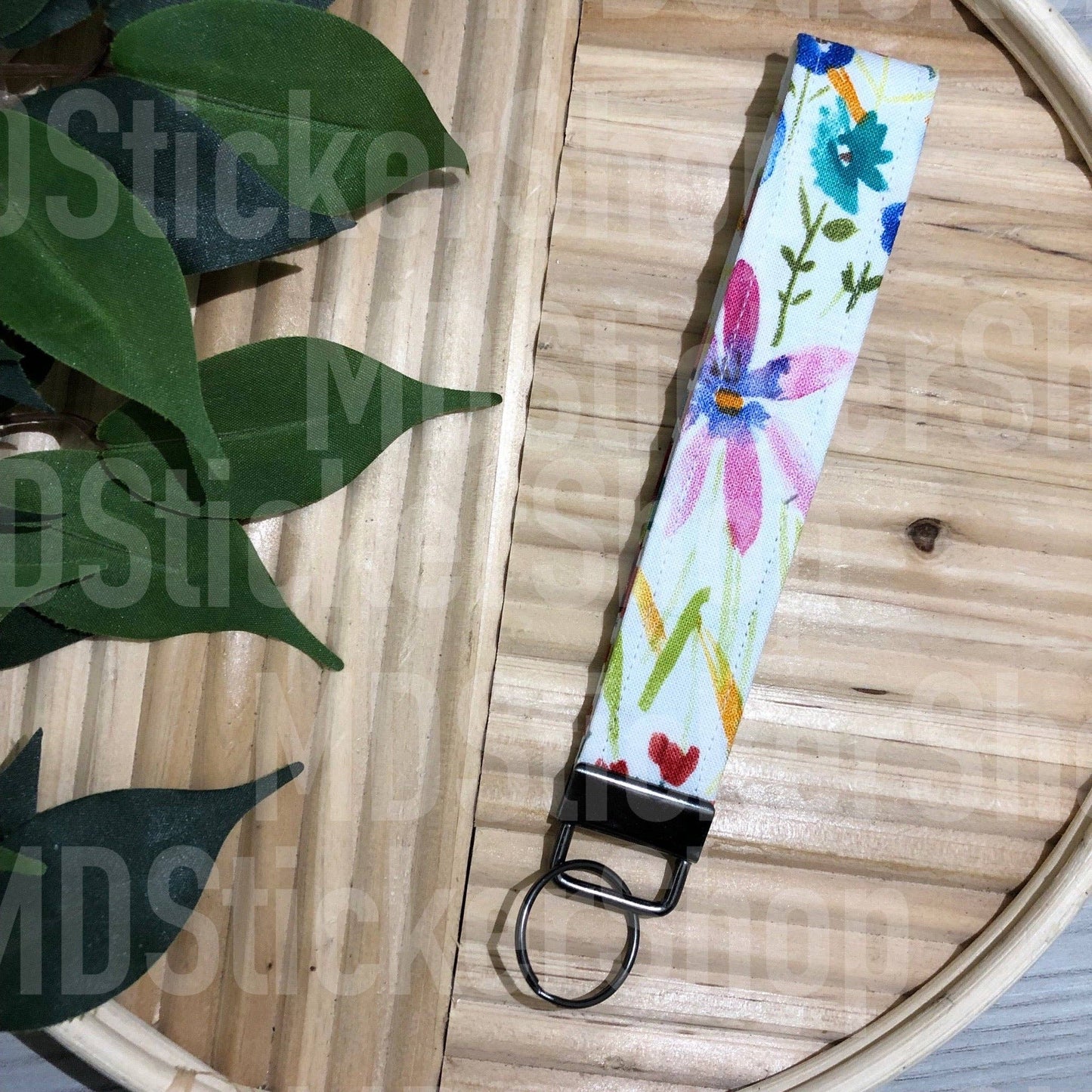 Summer Watercolor Floral Print Fabric Keychain, Key Fob