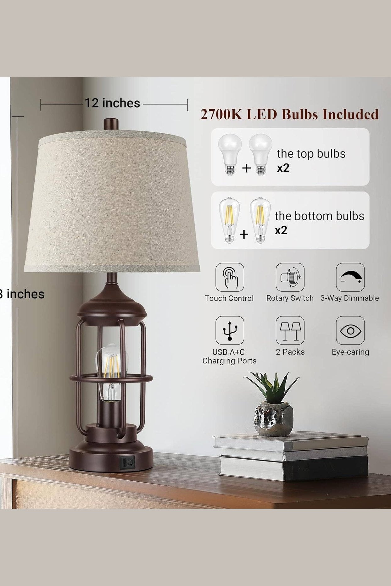 Set of 2 Table Lamps with USB Ports