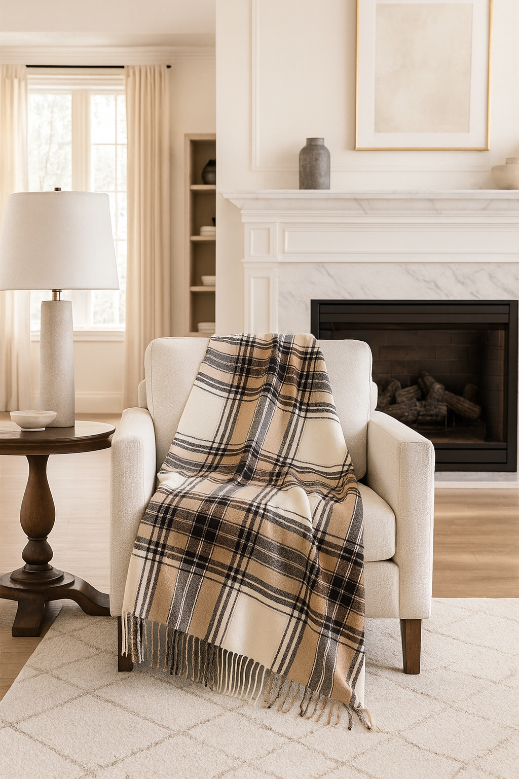 Brown Classic Plaid Tassel Trim Throw Blanket