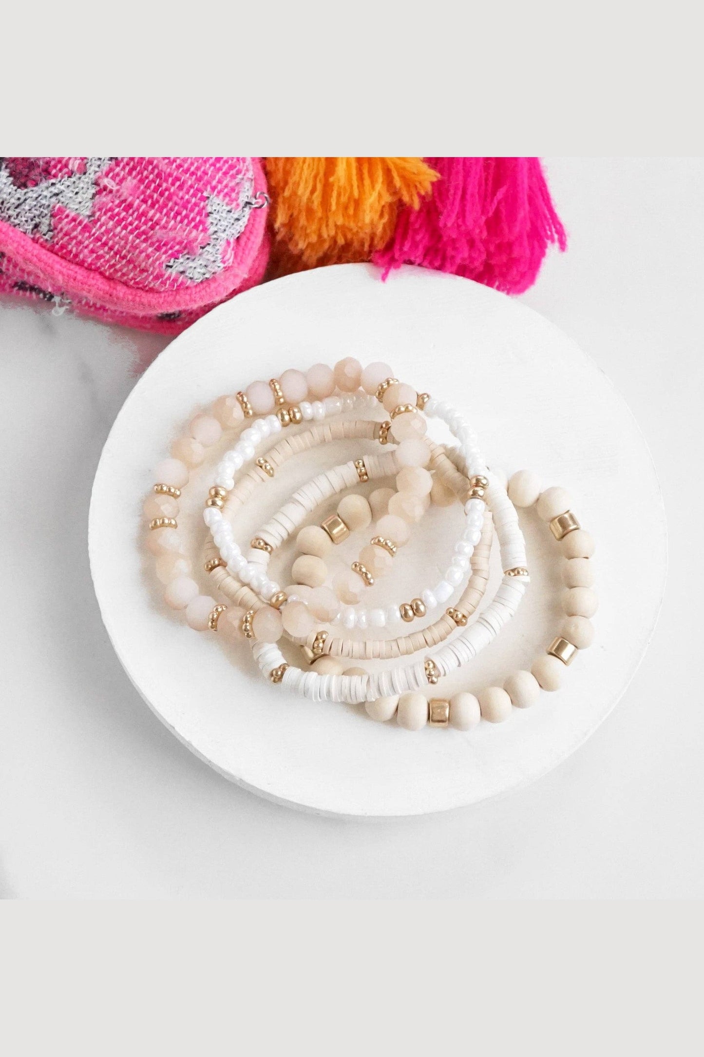 Summer Fresh Neutrals stack clay glass wood beads bracelets set: Whites
